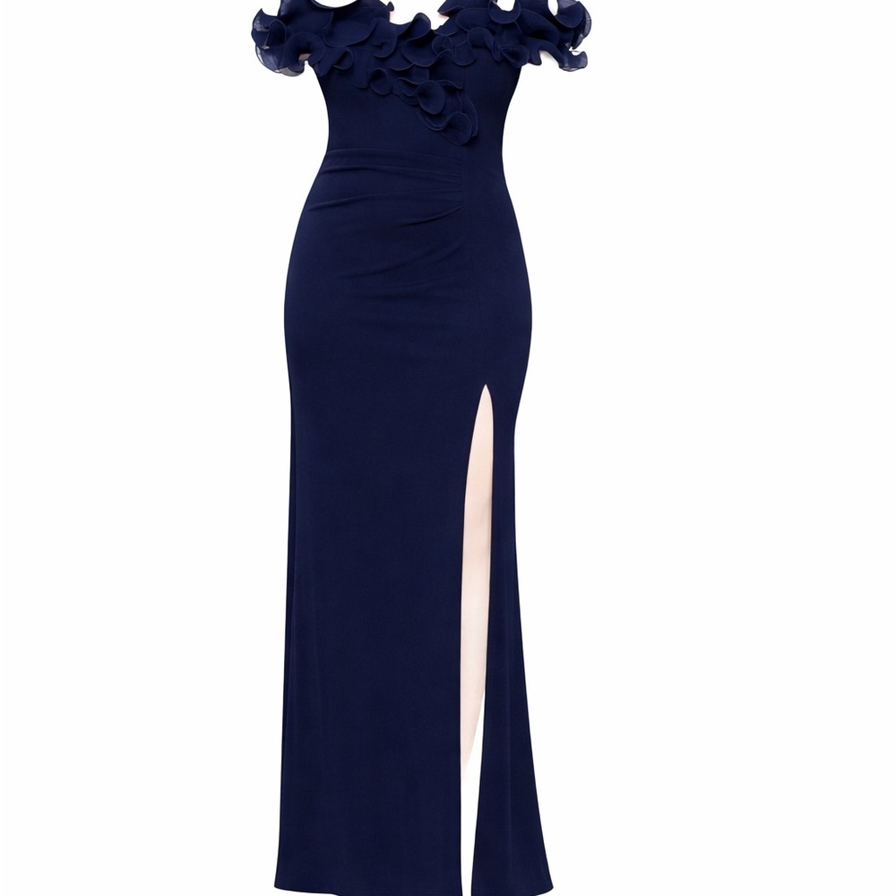 Xscape Navy Ruffled Off-Shoulder Gown